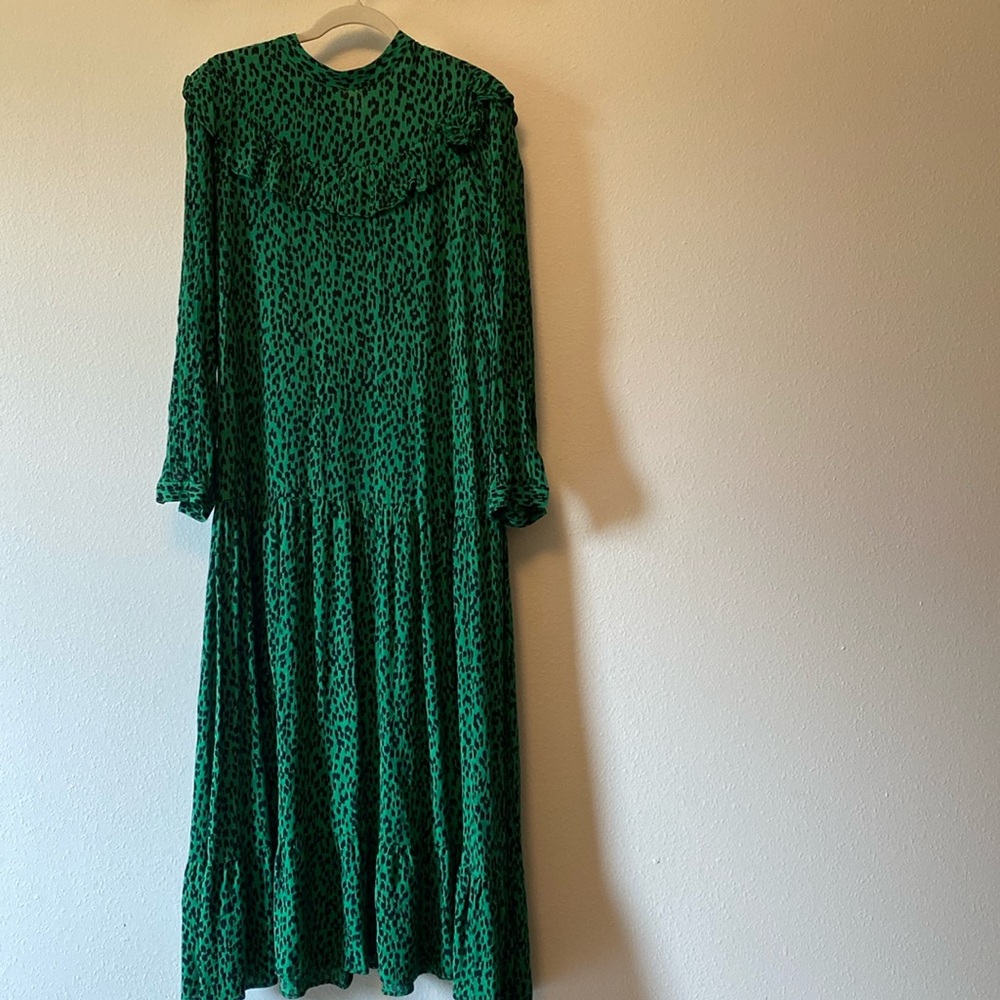 Topshop Green Leopard Animal Print Prairie Midi Dress Size 8
